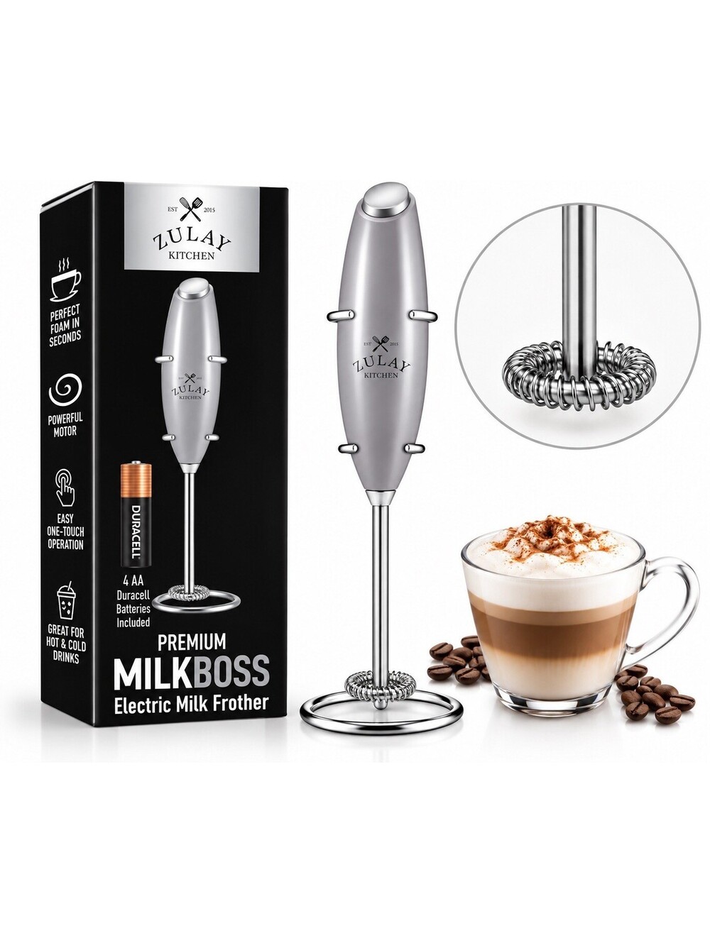 🩶 Zulay Kitchen Milk Boss Electric Milk Frother Gray w/ Stand & Batteries